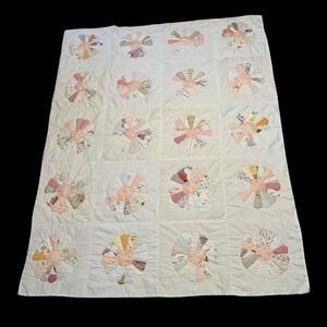 Vintage Hand Quilted Dresden Plate Quilt Signed Dated 1982 Cream Ivory 79x63